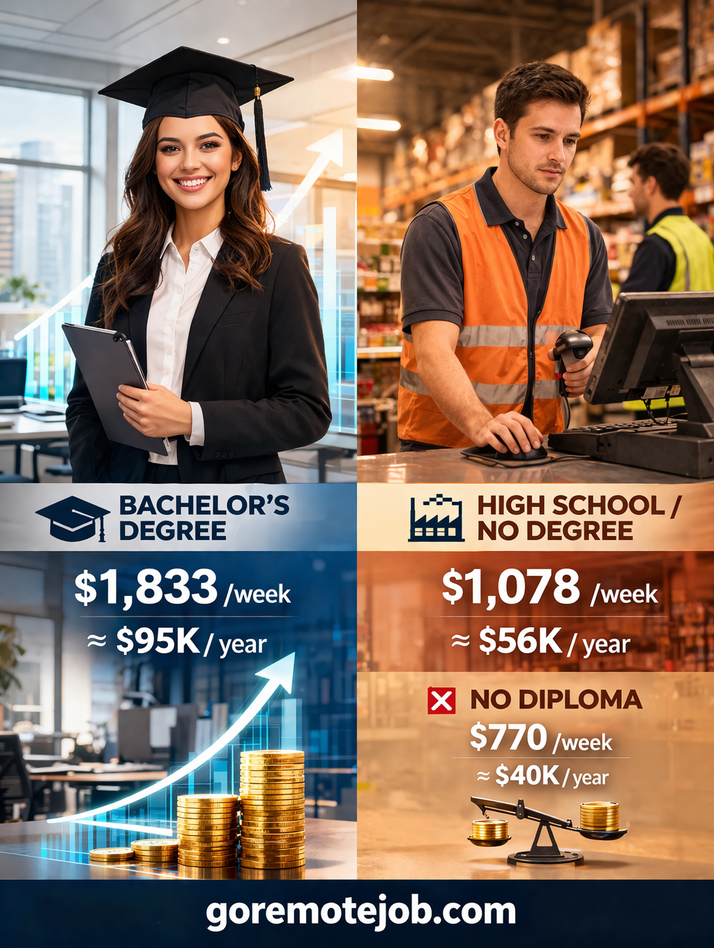 Degree career vs no-training job — salary comparison